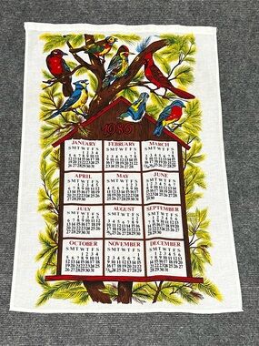 🟢 3/$25 - 1986 - Calendar Tea Towel - Vintage - Birds
